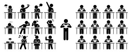 School days. Students in school attending classes. Teacher and pupils in classroom. Pictogram icon set. のイラスト素材