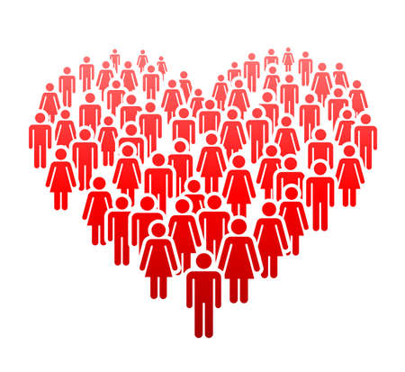 A large number of people standing in a group in the form of heart. Concept of People Figure Pictogram Icons. Community signs.のイラスト素材