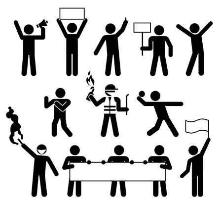 Political Protests. Demonstrators holding protest slogans. Protesters pictogram concept. Group of people.のイラスト素材