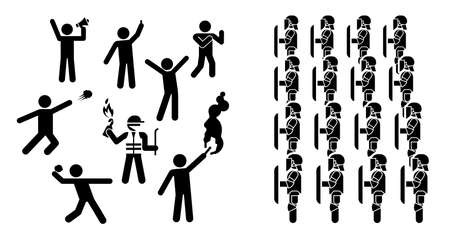 Set of icons that represent confrontation between police and demonstrators. Political Protests. Protesters pictogram concept. のイラスト素材