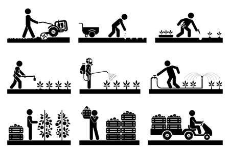 Food production. Pictogram icon set presenting different stages in agricultural process and gardening. Icon set presenting gardening, plowing, sowing, watering, picking, palletisation and warehousing, transporting.のイラスト素材