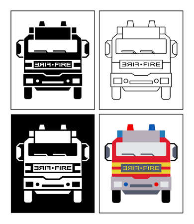 Fire department vehicle symbol presented as pictogram, black and white, line icons and flat icons. Set of fire truck icons.のイラスト素材