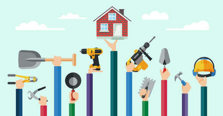 Flat design illustration of hands holding mason hand tools. Hands holding hand and power electric tools for construction workers. Vector illustration.のイラスト素材