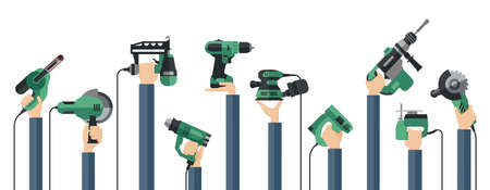 Flat design illustration of hands holding power electric hand tools. Set of master tools for wood, metal, plastic, stone, etc.のイラスト素材