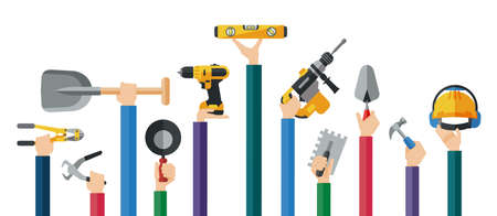 Flat design illustration of hands holding mason hand tools. Hands holding hand and power electric tools for construction workers. Vector illustration.のイラスト素材