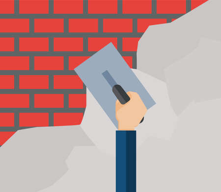 Man hand plastering concrete at wall of house construction. Flat illustration of construction worker with long trowel plastering a wall.のイラスト素材