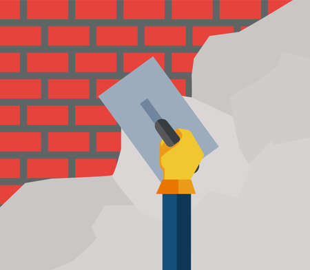Man hand plastering concrete at wall of house construction. Flat illustration of construction worker with long trowel plastering a wall.のイラスト素材