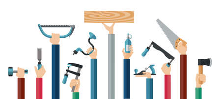 Flat design illustration of hands holding carpentry tools. Vector illustration set of master tools for wood.のイラスト素材