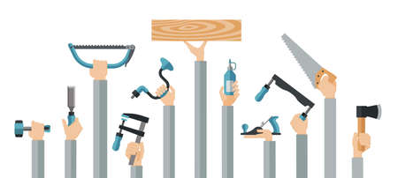 Flat design illustration of hands holding carpentry tools. Vector illustration set of master tools for wood.のイラスト素材