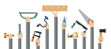 Flat design illustration of hands holding carpentry tools. Vector illustration set of master tools for wood.のイラスト素材