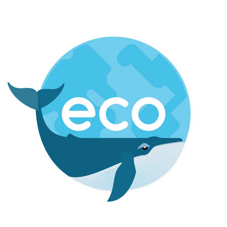 Flat vector illustration of whale and Earth icon. Saving whales. Protecting endangered species and preserving ecosystem. Graphic design elements for print and web.のイラスト素材