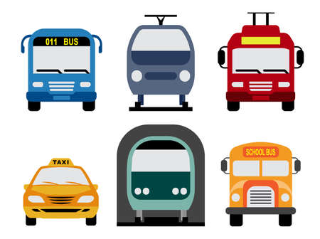 Public urban transport. Public service vehicles. Set of front view flat icons of bus public services, trolleybus, tramway, metro, taxi service and school bus.のイラスト素材
