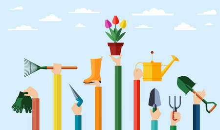 Flat design illustration of hands holding gardening tools. Hands holding various items for gardening and growing flowers.のイラスト素材