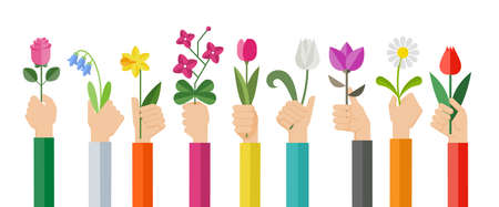 Flat design illustration of hands holding various flowers. Hands holding rose, tulip, orchid, espatifilo, bells flowers, bellis perennis, bulb flowers.のイラスト素材