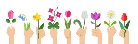Flat design illustration of hands holding various flowers. Hands holding rose, tulip, orchid, espatifilo, bells flowers, bellis perennis, bulb flowers.のイラスト素材