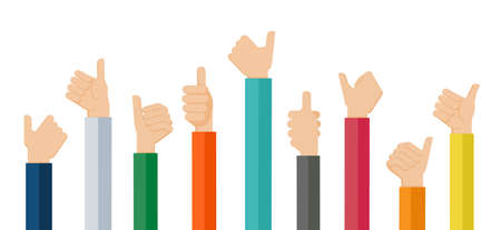 Flat design illustration of hands showing thumb up. Vector illustration of hands showing positive mood.のイラスト素材