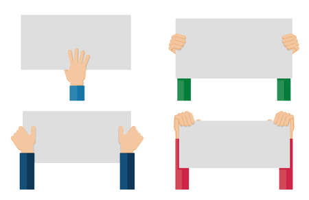 Flat design illustration of hands holding paper with copy space for text. Vector illustration of hands holding blank piece of paper for messages.のイラスト素材