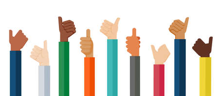 Flat design illustration of hands showing thumb up. Vector illustration of hands showing positive mood.のイラスト素材