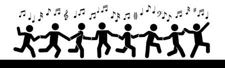 Group of young happy people dancing and celebrate. Pictogram with raised hands and positive emotions.のイラスト素材