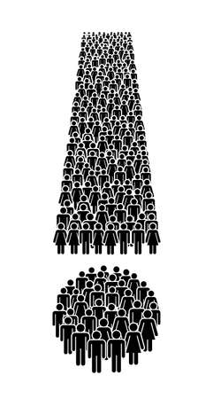 A large number of people standing in a group in the form of Exclamation mark. Concept of People Figure Pictogram Icons. People community signs.のイラスト素材