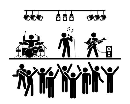 Pictogram vector illustration of music live stage show. Crowd of people on the concert. Popular band playing.のイラスト素材