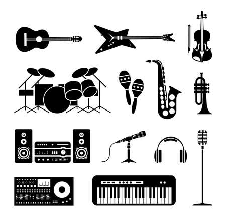 Pictogram icon set of different types of musical instruments. Musical instruments, elements and tools for music studio.のイラスト素材