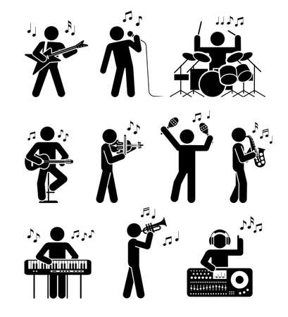 Pictogram icon set of different types of musicians. Different types of musical instruments. Club music.