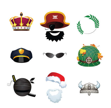 Vector set of different masks and costumes. Illustration of costumes of King, Pirate, Caesar, Police Officer, Secret Agent, Soldier, Ninja, Viking and Santa Claus.のイラスト素材