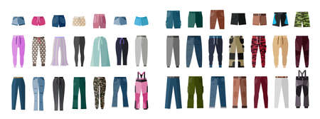 Male and female clothing elements. Pants, trousers and underwear for men and women. A set of fashion and style elements. のイラスト素材