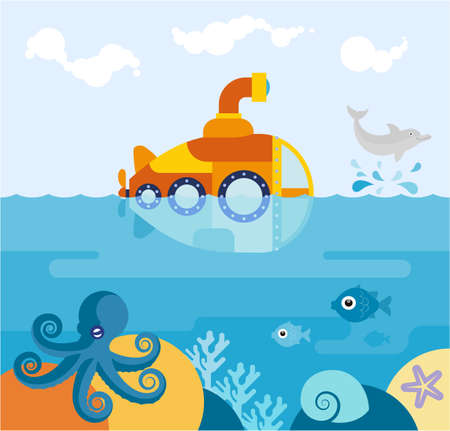 A submarine at sea. Flat illustration of a submarine floating in the ocean.のイラスト素材