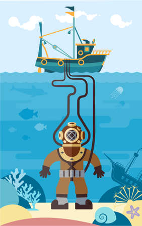 The diver explores the underwater world. Flat illustration of a diver in the ocean.のイラスト素材