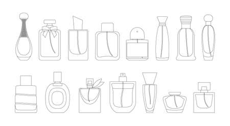 Linear icon set of parfume bottles. Man and women fragrances in various shaped bottles.のイラスト素材