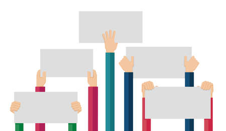 Flat design illustration of hands holding paper with copy space for text. Vector illustration of hands holding blank piece of paper for messages. Demonstration and protest.のイラスト素材