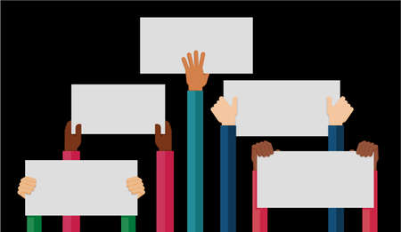 Flat design illustration of hands holding paper with copy space for text. Vector illustration of hands holding blank piece of paper for messages. Demonstration and protest.のイラスト素材
