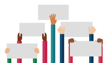 Flat design illustration of hands holding paper with copy space for text. Vector illustration of hands holding blank piece of paper for messages. Demonstration and protest.のイラスト素材