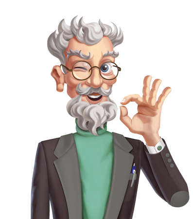 High quality freehand illustration of classroom teacher. Illustration of elderly Caucasian with glasses  and suit, showing OK sign.の写真素材