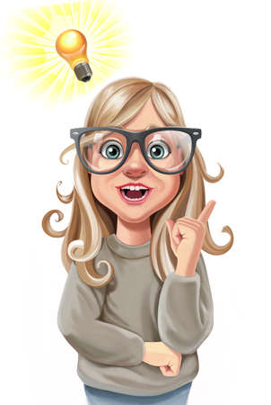 High quality freehand illustration of girl with an idea. Smart school girl with big glasses holding finger up.の写真素材