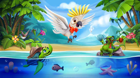 High quality 3D  freehand illustration  the magical world of animals on a beautiful beach. Illustration of cute animals for children book, print, game and other.の写真素材