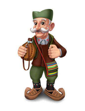 Freehand illustration of an old man dressed in traditional Serbian costume. An old Serb with a flask in his hand.の写真素材