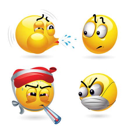 Illustration of emoticons with various medical ailments and symptoms. Smile ball scared by the virus. Contagious disease.のイラスト素材