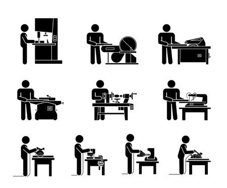 Pictograms Icon collection of electric machine tools  for wood. Machines used in production in various types of industry.のイラスト素材