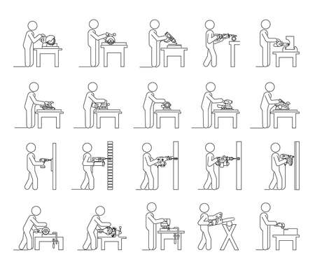 Line Icon set of Electric machine tools used in production in various types of industry.  Pictograms representing people doing jobs with power electric hand tools.のイラスト素材