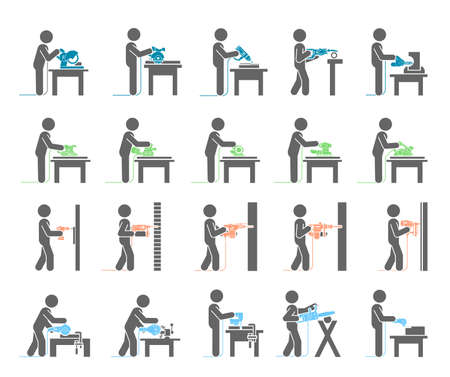 Electric machine tools  used in production in various types of industry.  Pictograms representing people doing jobs with power electric hand tools.のイラスト素材