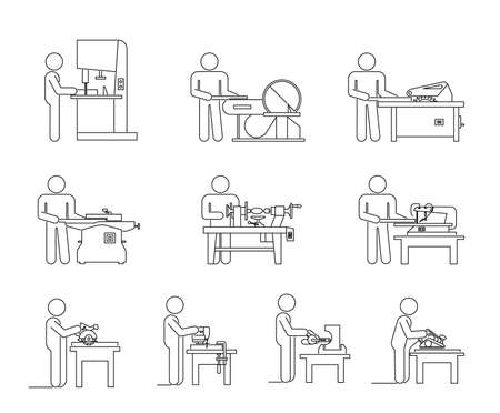 Pictograms lineIcon collection of electric machine tools  for wood. Machines used in production in various types of industry.のイラスト素材