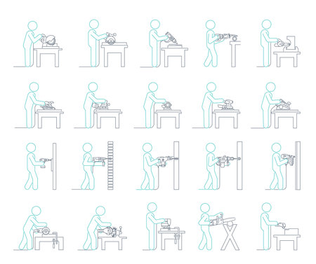 Line Icon set of Electric machine tools used in production in various types of industry.  Pictograms representing people doing jobs with power electric hand tools.のイラスト素材