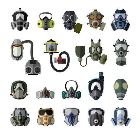 Set of gas mask flat icons. Collection of gas mask icons, chemical gas mask, poison gas mask, mask for firefighters and the military, pollution protection masks.のイラスト素材