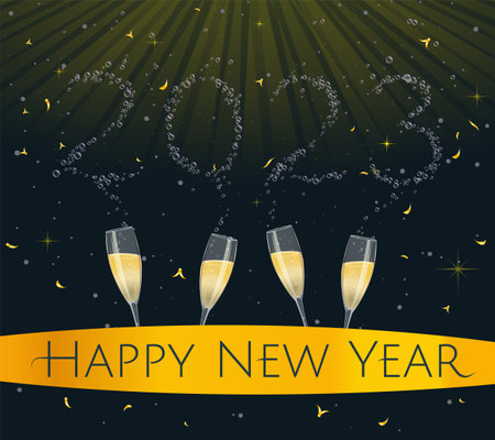 Happy New Year 2023. New year's card with four glasses of champagne and bubbles in the shape of the number 2023のイラスト素材