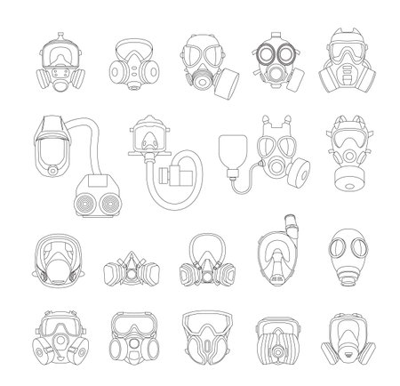 Set of gas mask line icons. Collection of gas mask icons, chemical gas mask, poison gas mask, mask for firefighters and the military, pollution protection masks.のイラスト素材