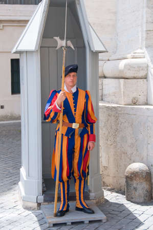 ROME, ITALY - AUGUST 6, 2012: Soldier Vatican Swiss Guard photographed in his lookoutのeditorial素材