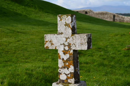 Lichen almost entirely covering a stone cross in Ireland.の写真素材